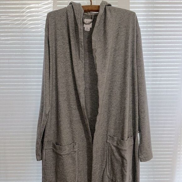 GAP M-L Gray Knit Hooded Cotton Bath Lounge Robe Belted with Pockets - Picture 4 of 15